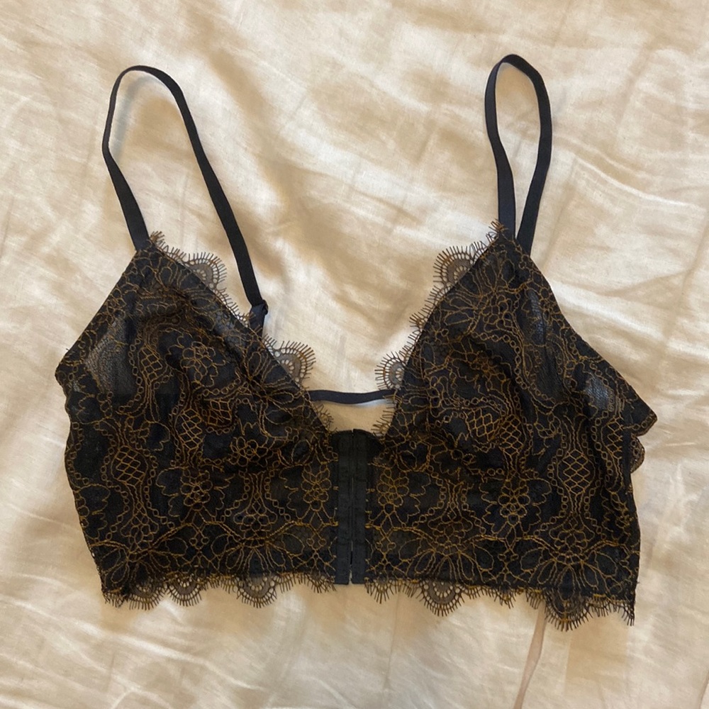 Free People Front Closure Lace Longline Bralette in Black/Gold Size Small - Picture 1 of 4